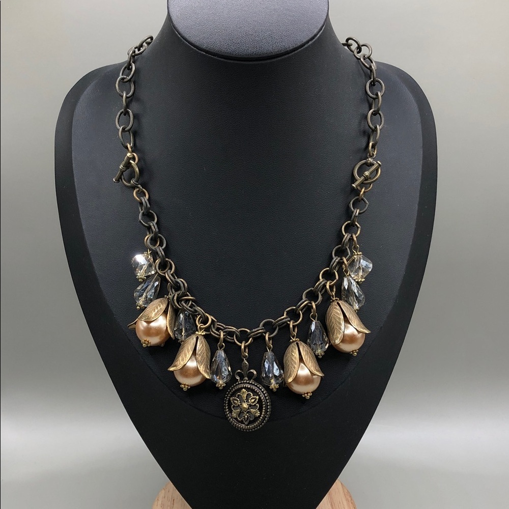 Brass chain necklace flower charms medallion pendant necklace convertible.